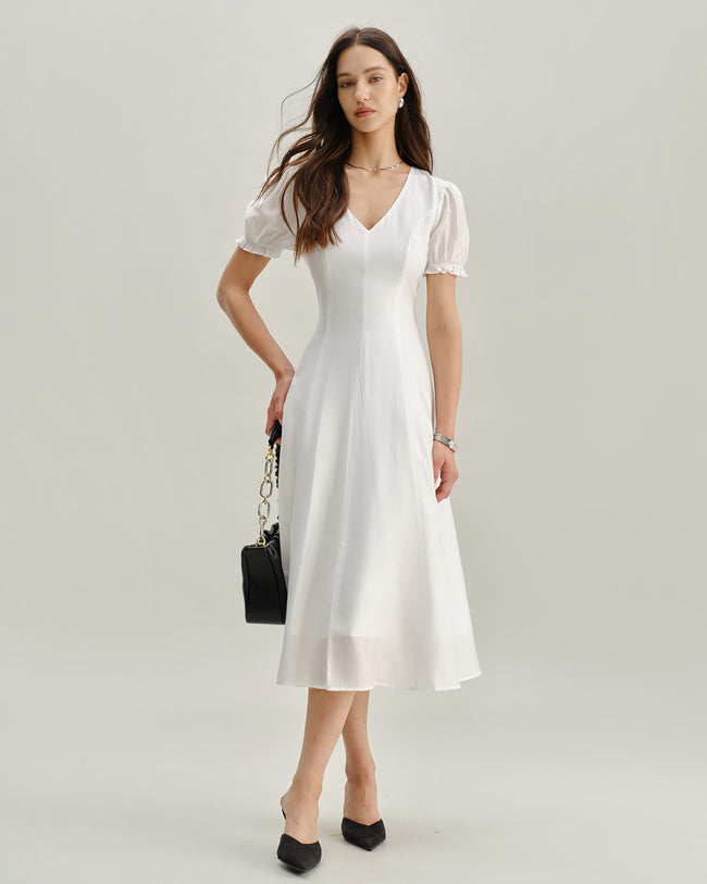 White Puffed Sleeve V Neck Midi Dress