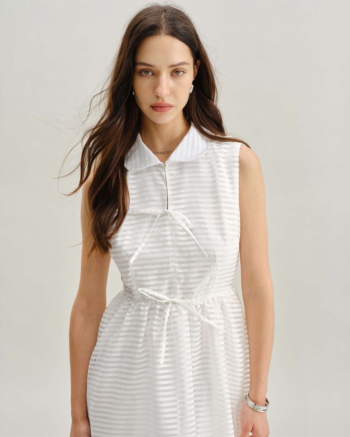 White Striped Sleeveless Midi Dress
