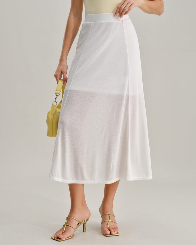 White Elastic Waist Straight Midi Skirt