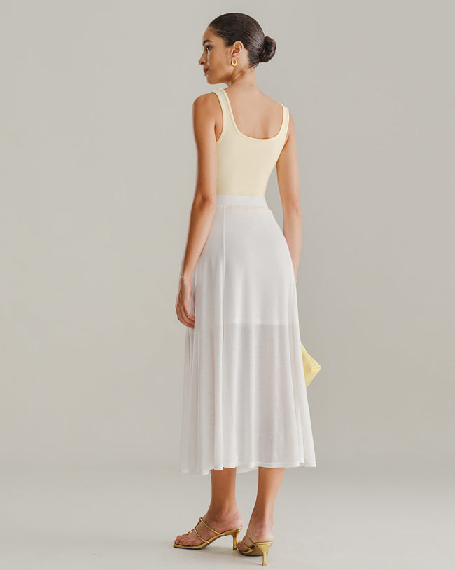White Elastic Waist Straight Midi Skirt