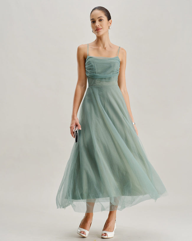 Green Mesh Flowy Slip Midi Dress
