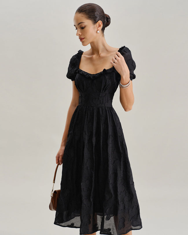 Black Square Neck Puffed Sleeve Midi Dress