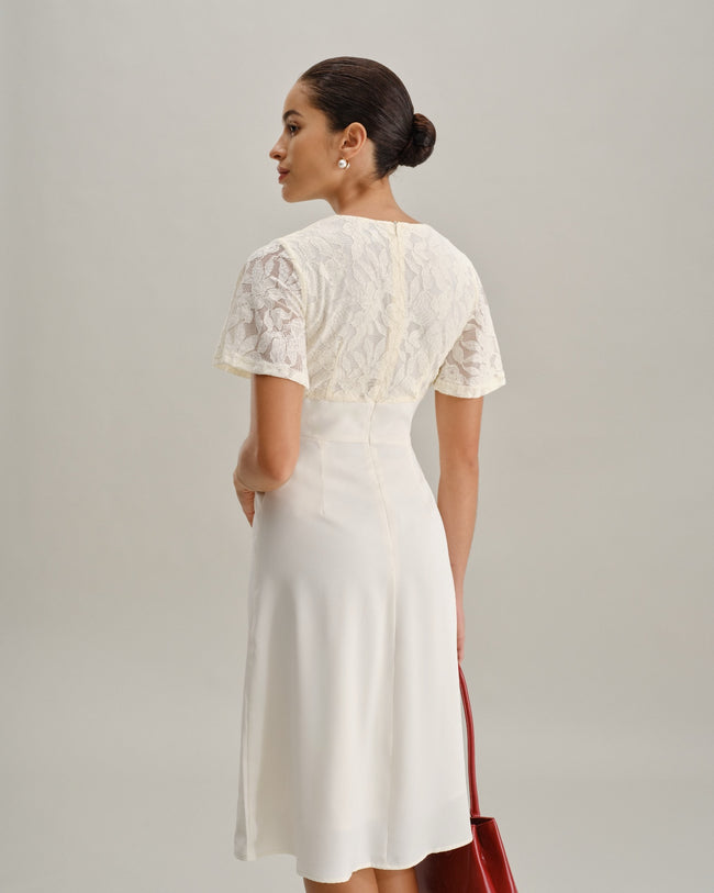 White Textured V-Neck Midi Dress