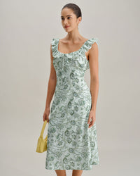 Green Floral Square Neck Ruched Midi Dress