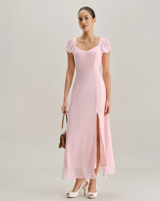 Pink Sweetheart Neck Chiffon Maxi Dress