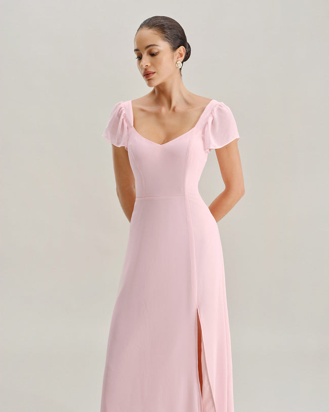 Pink Sweetheart Neck Chiffon Maxi Dress