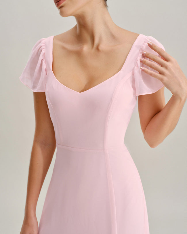 Pink Sweetheart Neck Chiffon Maxi Dress