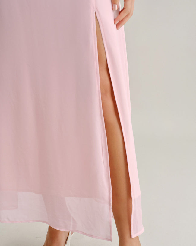 Pink Sweetheart Neck Chiffon Maxi Dress