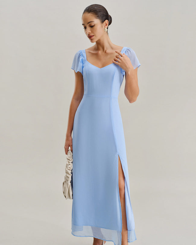 Blue Sweetheart Neck Chiffon Maxi Dress