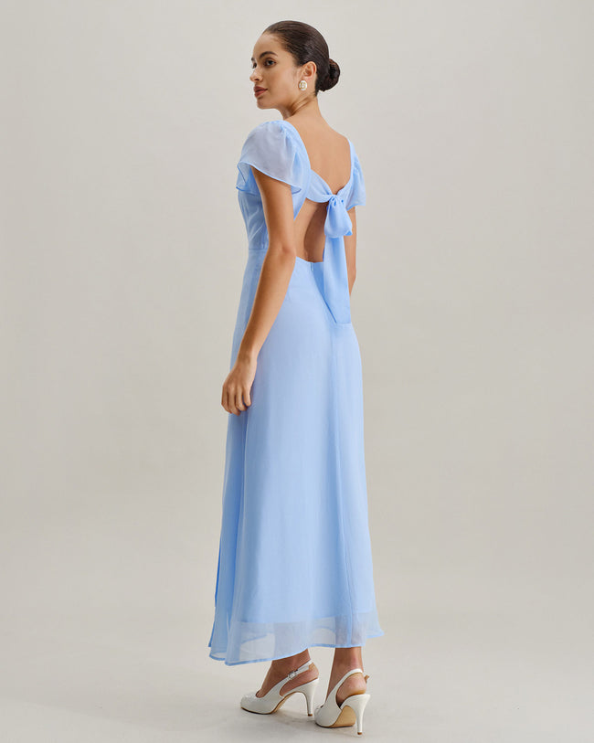 Blue Sweetheart Neck Chiffon Maxi Dress