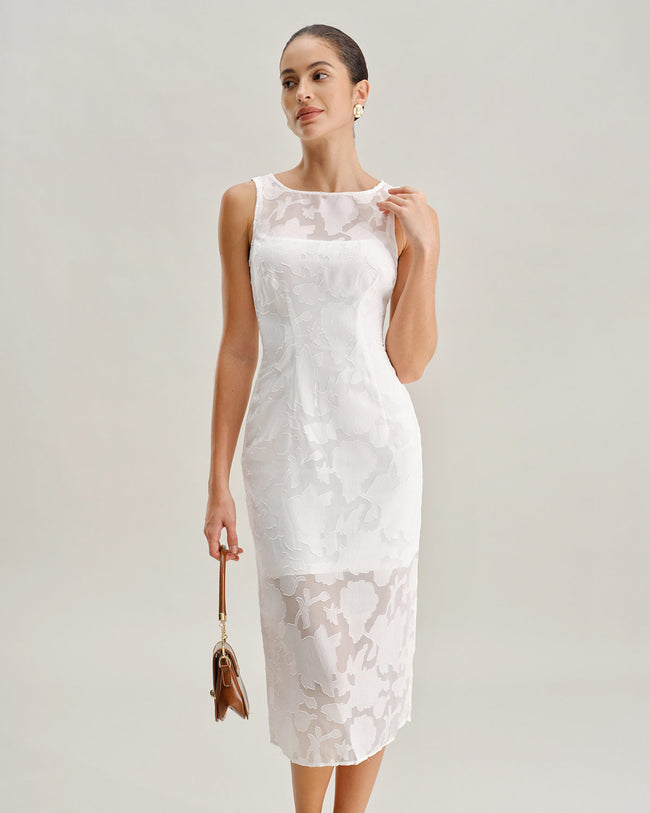 White Lace Boat Neck Midi Dress
