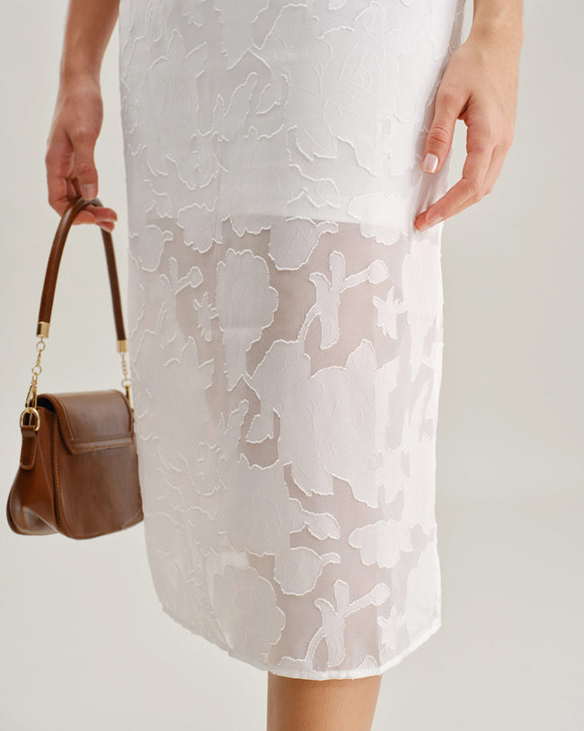 White Lace Boat Neck Midi Dress