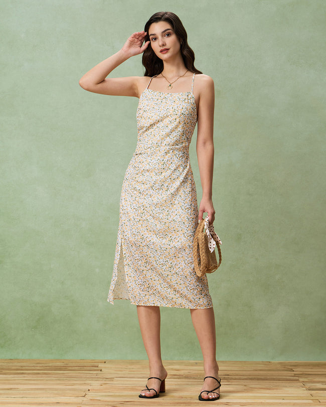 Yellow Floral Ruched Slip Midi Dress