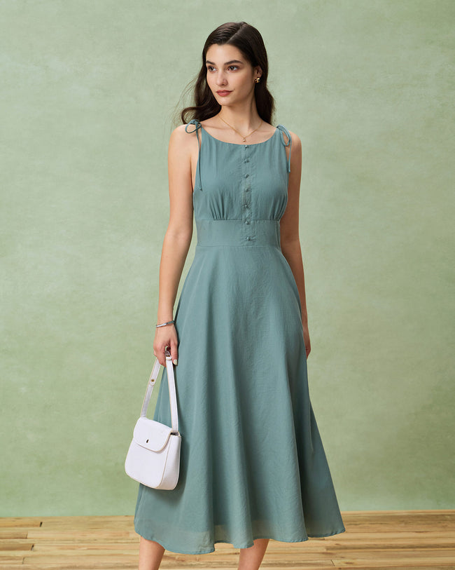 Green Boat Neck Backless Slip Midi Dress