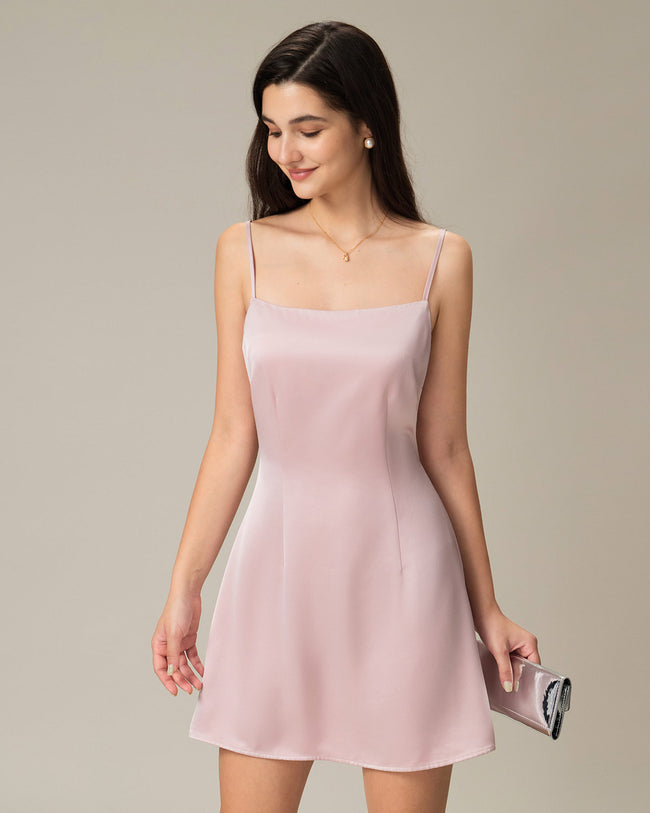 Pink Square Neck Satin Mini Dress