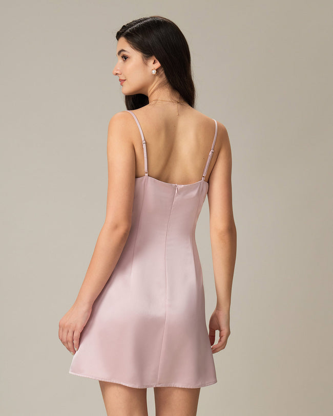 Pink Square Neck Satin Mini Dress