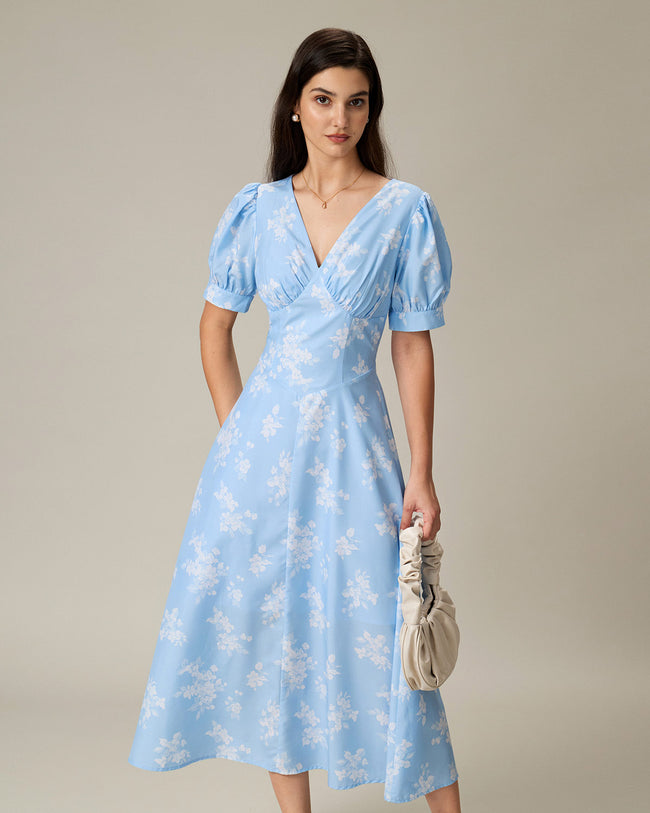 Blue Floral Puffed Sleeve Ruched Midi Dress