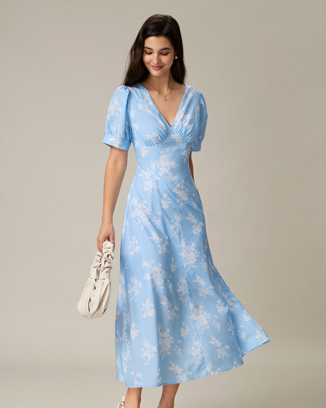 Blue Floral Puffed Sleeve Ruched Midi Dress