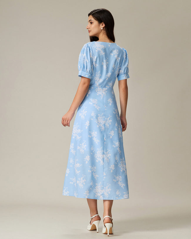 Blue Floral Puffed Sleeve Ruched Midi Dress