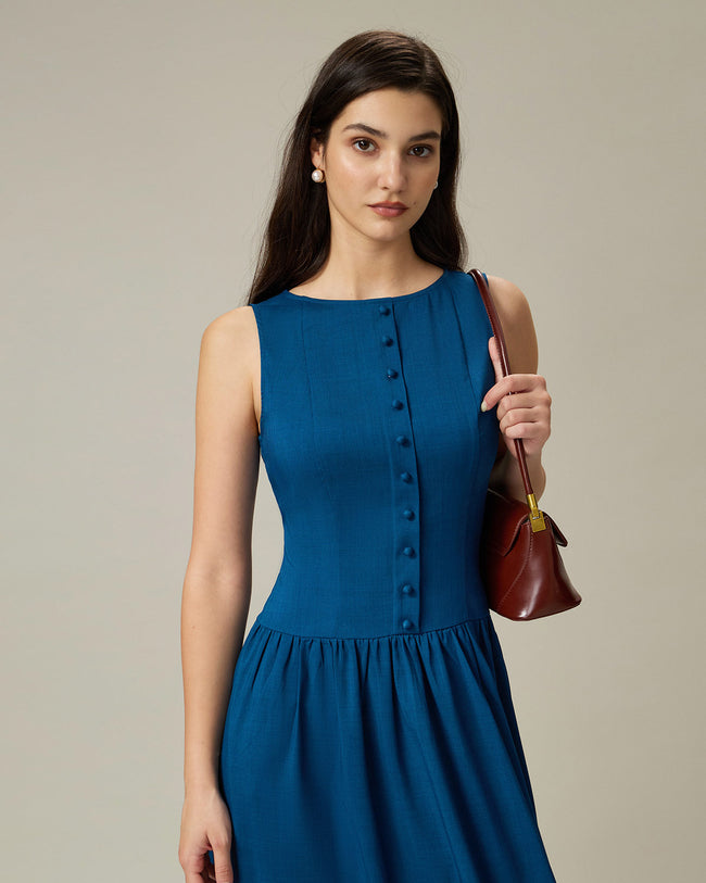 Blue Boat Neck Button Sleeveless Midi Dress