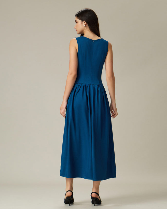 Blue Boat Neck Button Sleeveless Midi Dress