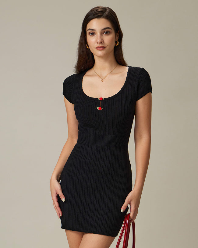 Black Round Neck Ribbed Mini Dress