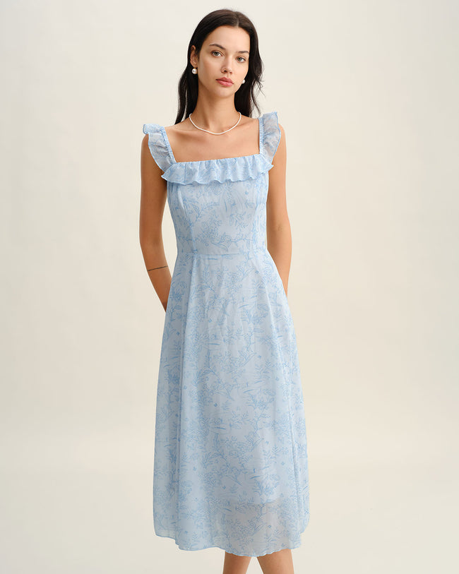 Blue Square Neck Ruffle Midi Dress