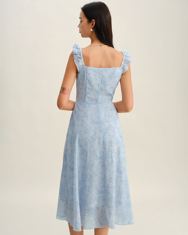 Blue Square Neck Ruffle Midi Dress