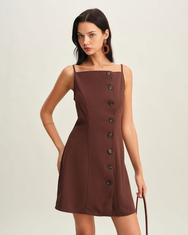 Brown Button Pleated Slip Mini Dress