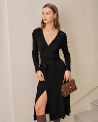 Black V Neck Wrap Knit Midi Dress