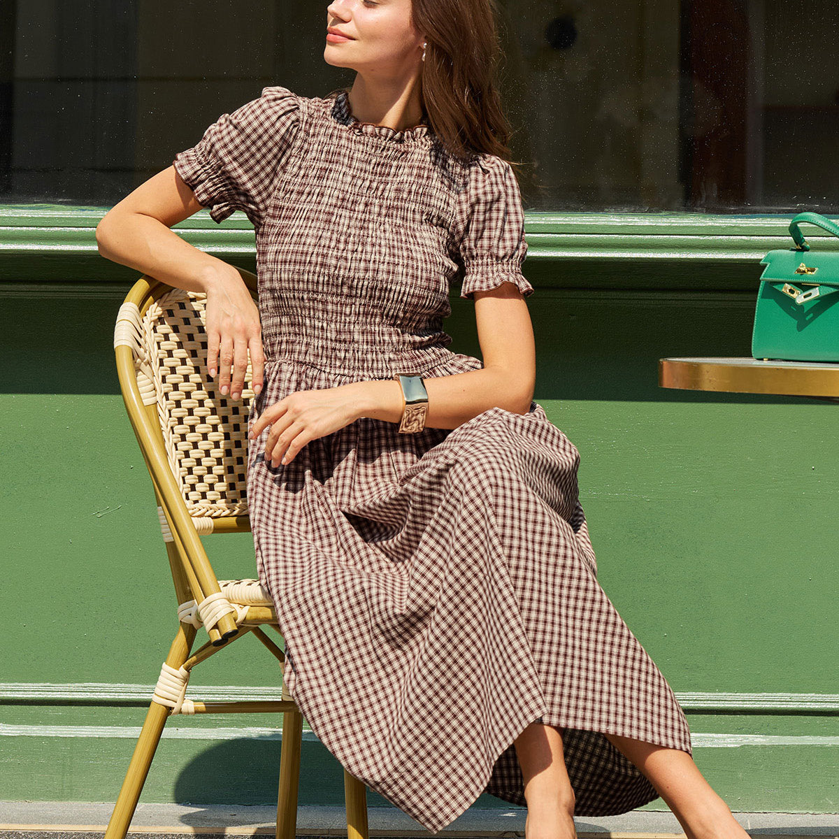 coffee plaid puffed sleeve mini dress Rihoas Cottagecore Gingham Smocked Puff-Sleeve Cotton Midi Dress, Coffee / S
