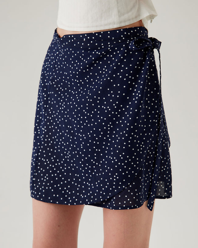 Navy Polka Dot Wrap Mini Skirt