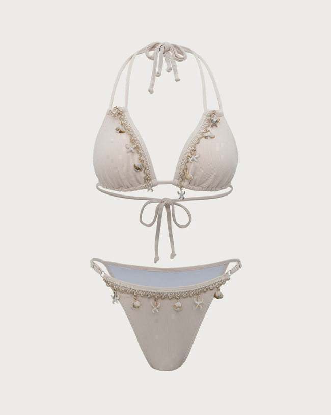 White Shell Embellished Bikini Set