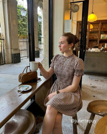 Coffee Plaid Puffed Sleeve Mini Dress