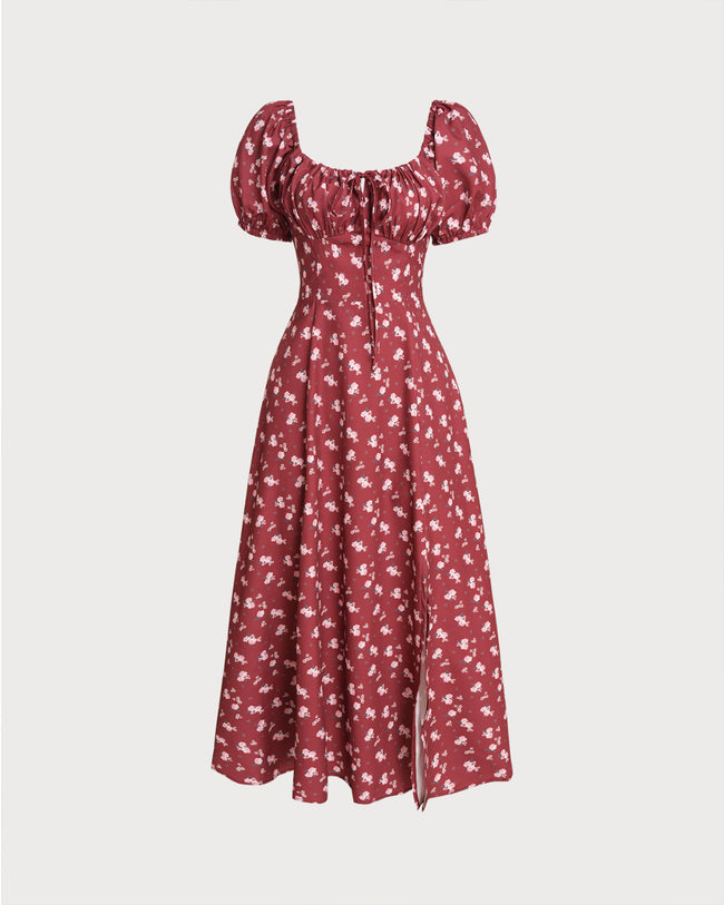 Wine Red Floral Square Neck Puffed Sleeve Midi Dress