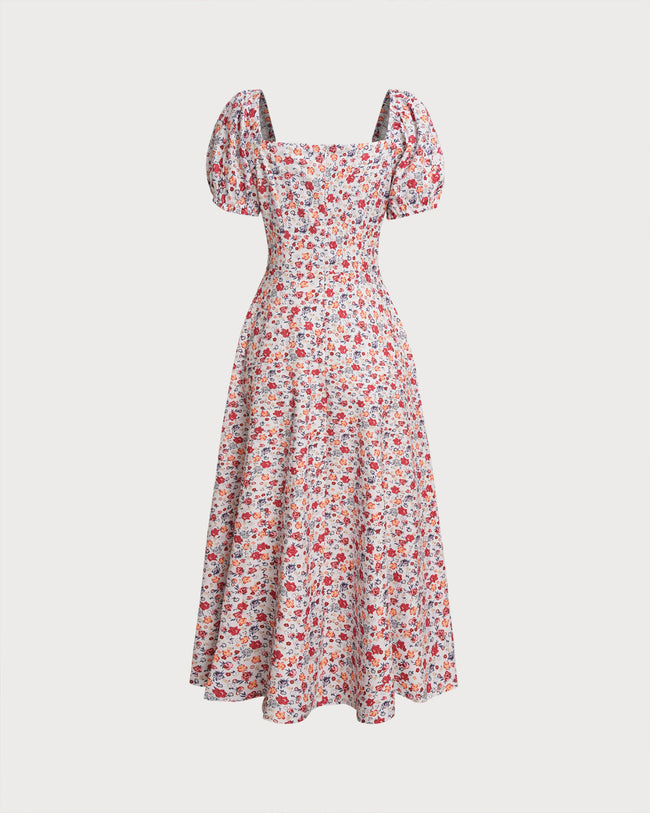 Grey Floral Square Neck Puffed Sleeve Midi Dress