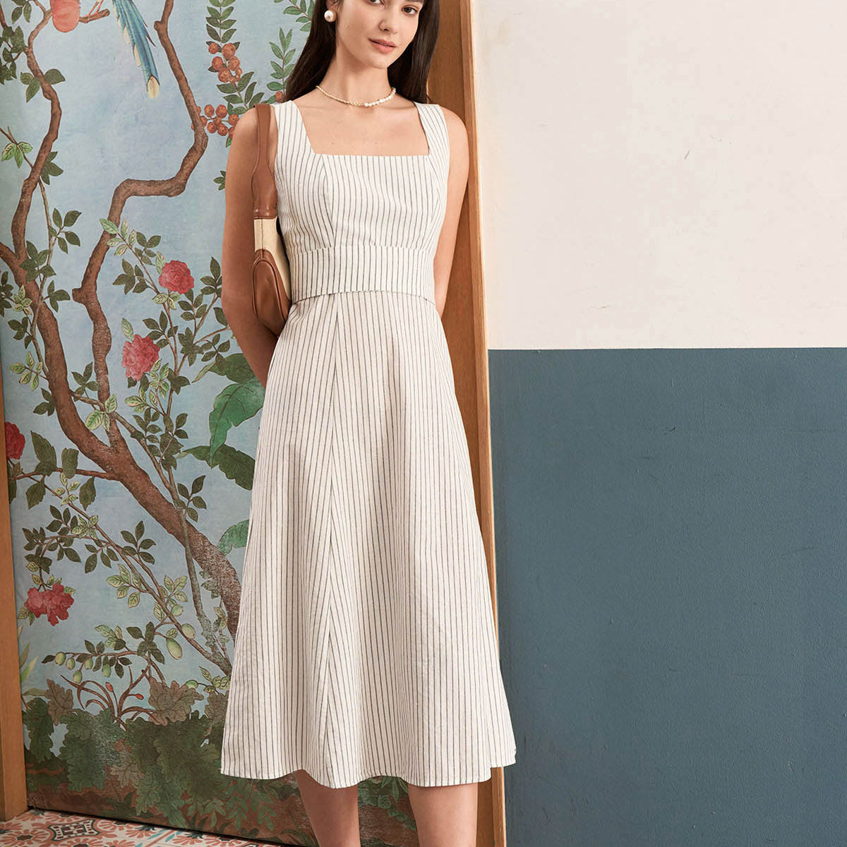shimmer striped linen blend square neck midi dress LOFT | Dresses | Loft Shimmer Striped Linen Blend Square Neck Midi Dress