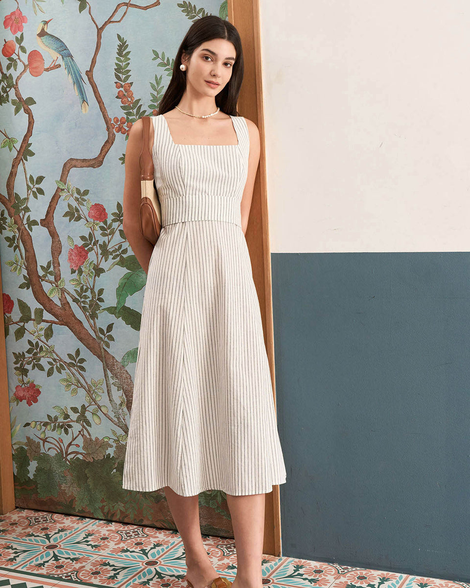 The White Square Neck Striped Midi Dress & Reviews - White - Dresses | RIHOAS The White Square Neck Striped Midi Dress & Reviews - White - Dresses | RIHOAS