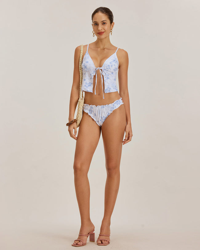 Blue Floral Tie Front Tankini Set