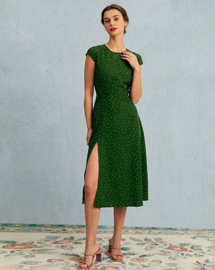 The Round Neck Polka Dot Dress Green Dresses - RIHOAS