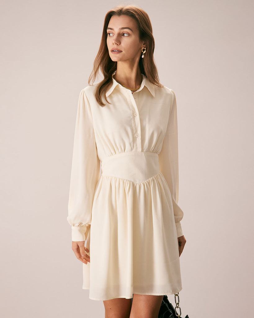 The Beige Collared Solid A-line Mini Dress Beige Dresses - RIHOAS