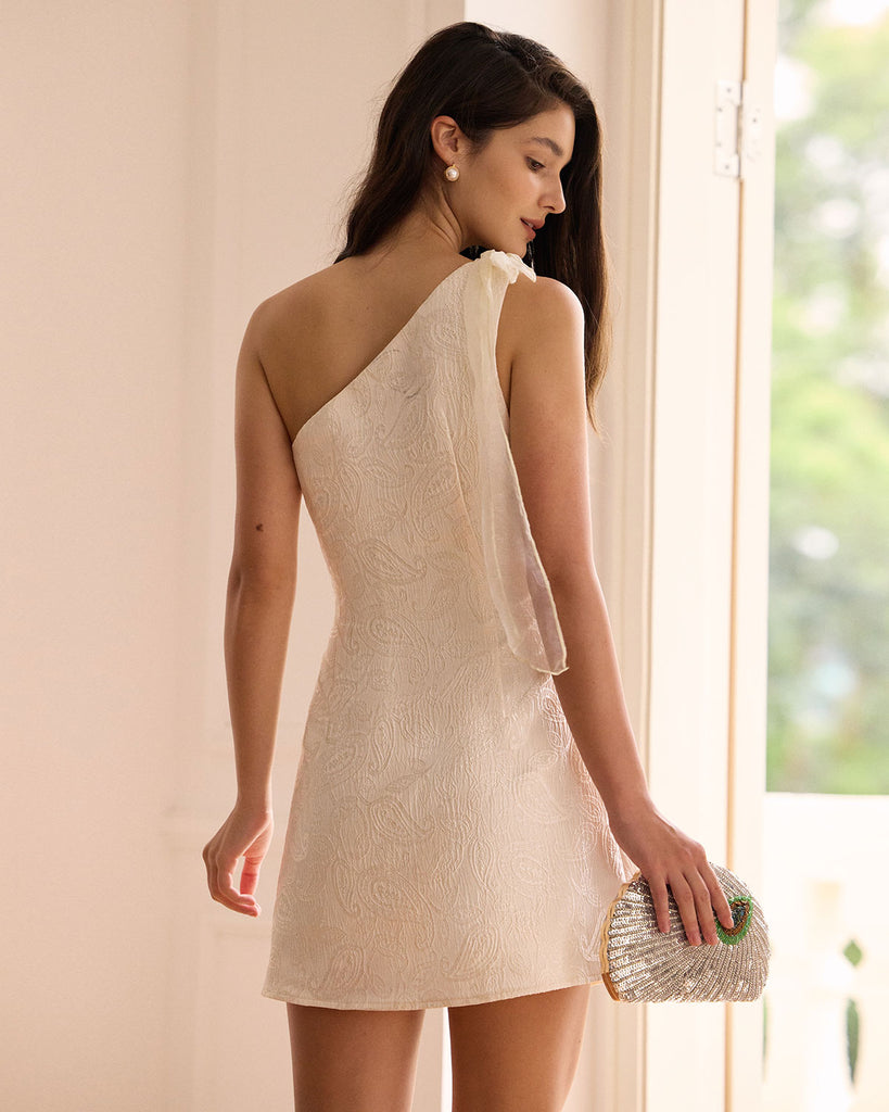 The Beige One Shoulder Jacquard Mini Dress Dresses - RIHOAS