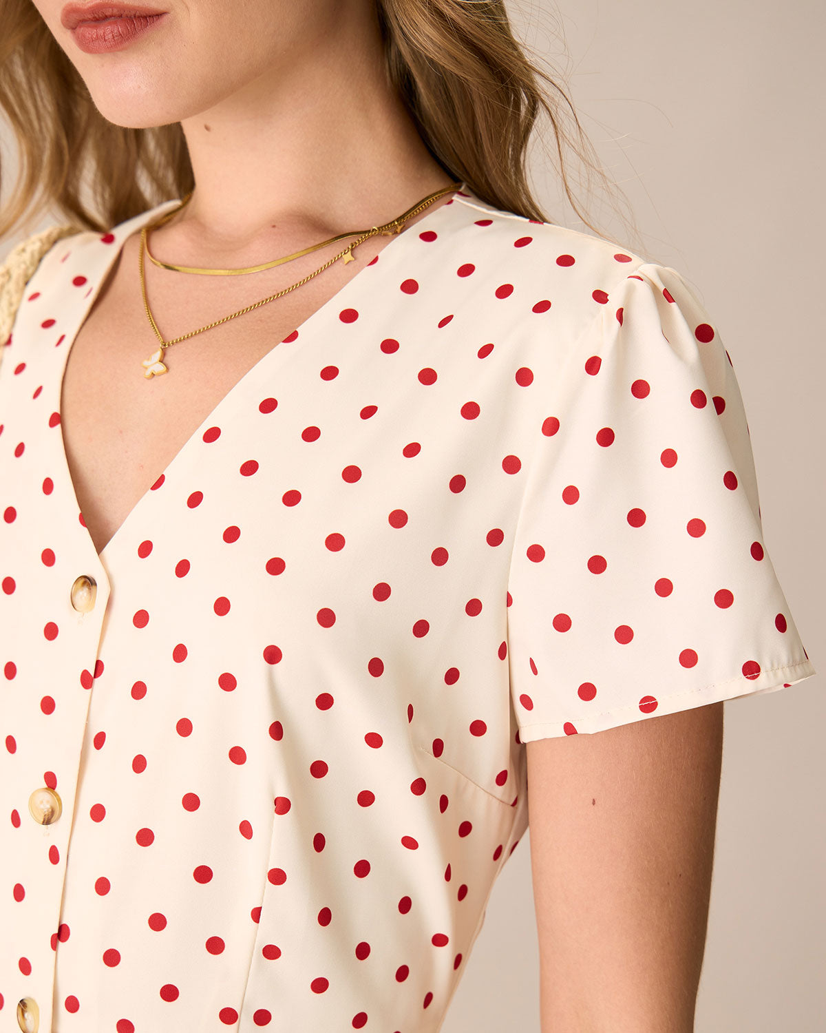The Beige Polka Dot Button Mini Dress Dresses - RIHOAS