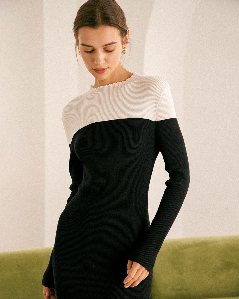 The Black Color Block Sweater Dress Dresses - RIHOAS