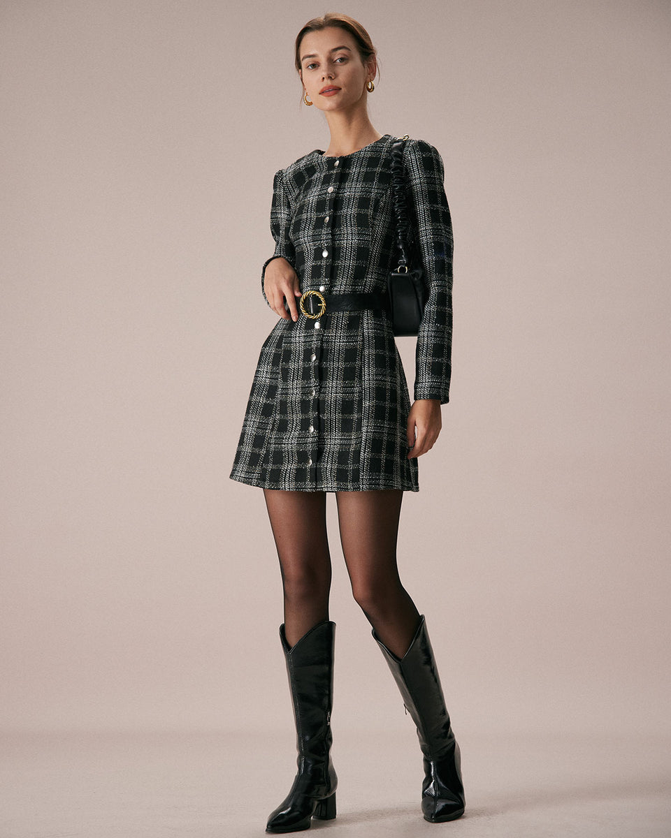 The Black Crew Neck Plaid A-Line Mini Dress & Reviews - Black