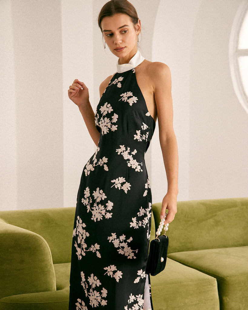The Black Halter Floral Backless Maxi Dress Dresses - RIHOAS