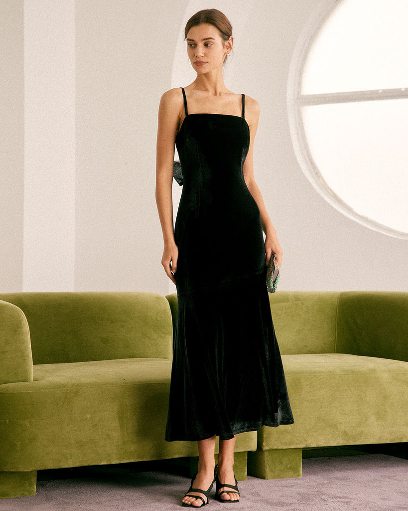 The Black Mesh Spliced Velvet Maxi Dress Black Dresses - RIHOAS