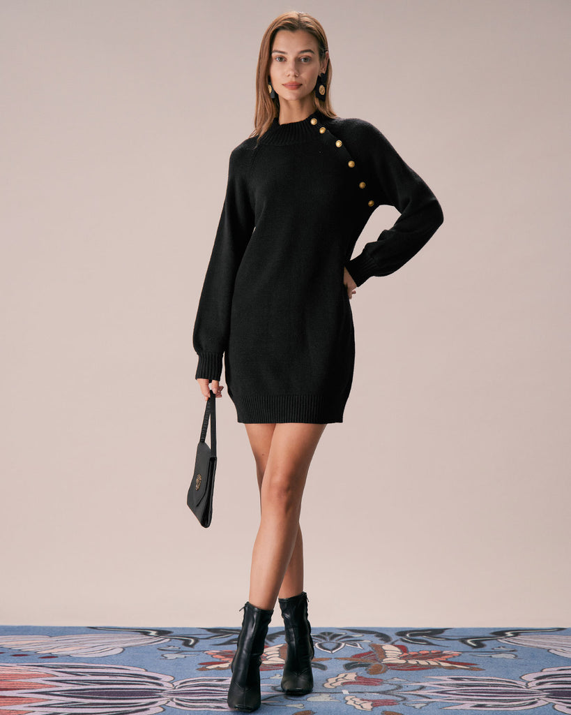 The Black Mock Neck Lantern Sleeve Sweater Dress Dresses - RIHOAS