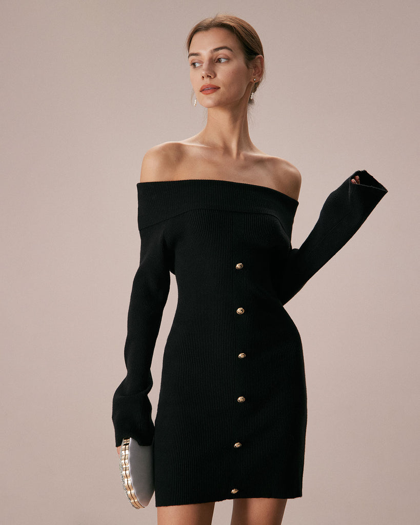The Black Off The Shoulder Sweater Dress Black Dresses - RIHOAS