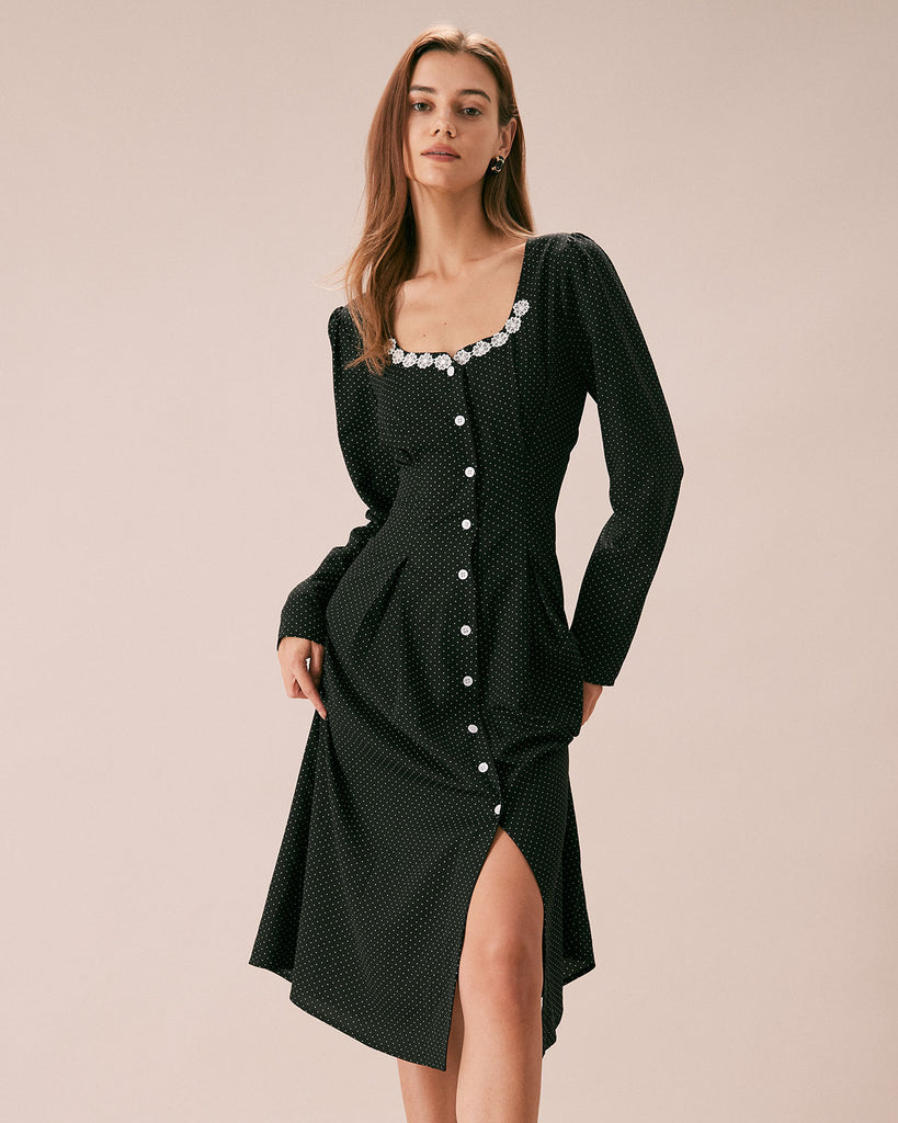 The Black Polka Dot Lace Midi Dress Black Dresses - RIHOAS